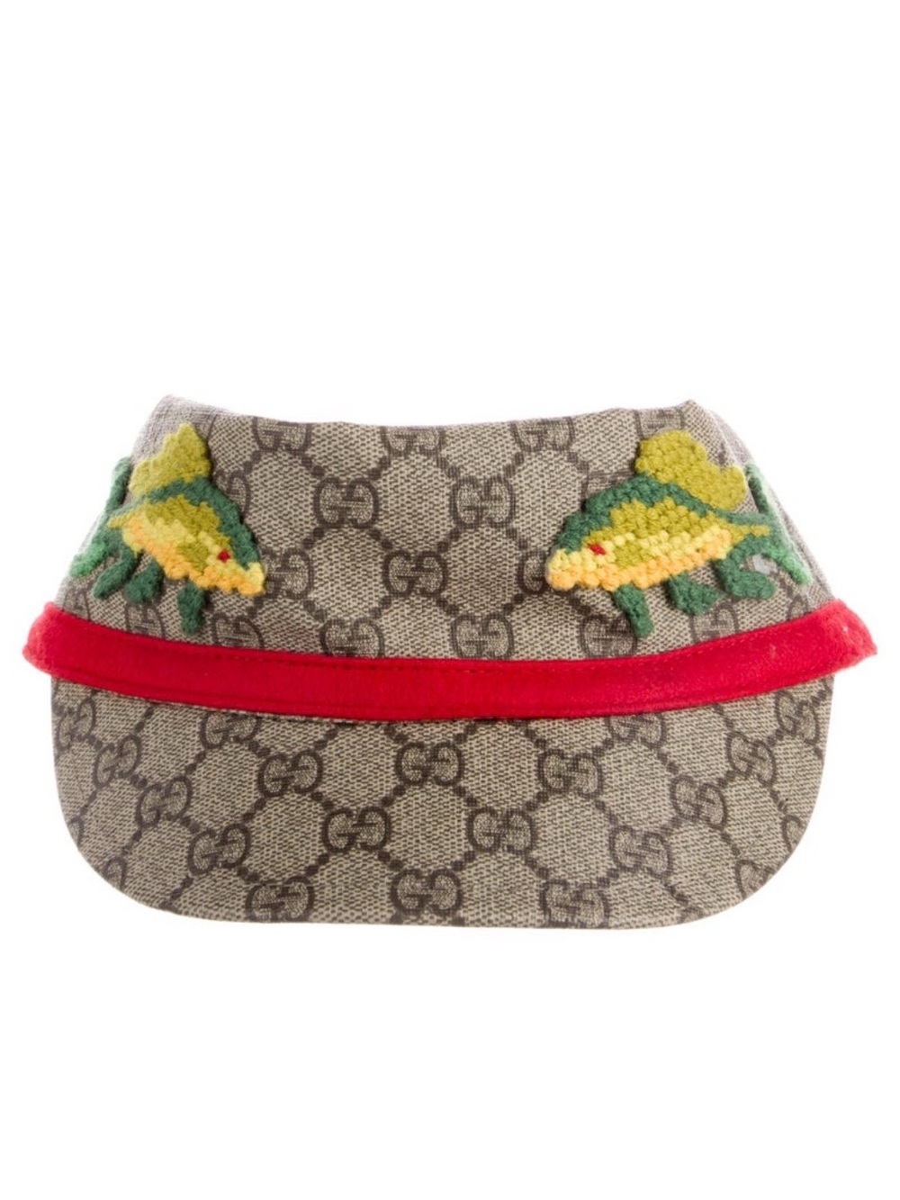 Gucci Beige GG Visor with Yellow-Green Bird Embroidery and Red Trim